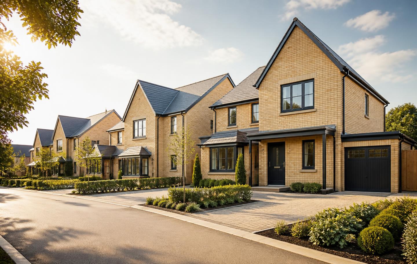 A modern residential development of new homes in warm afternoon light