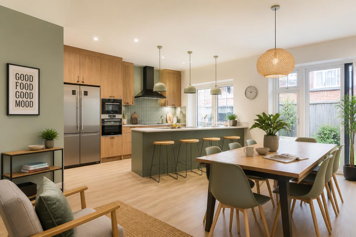 Bright, modern shared kitchen and dining space in a co-living HMO